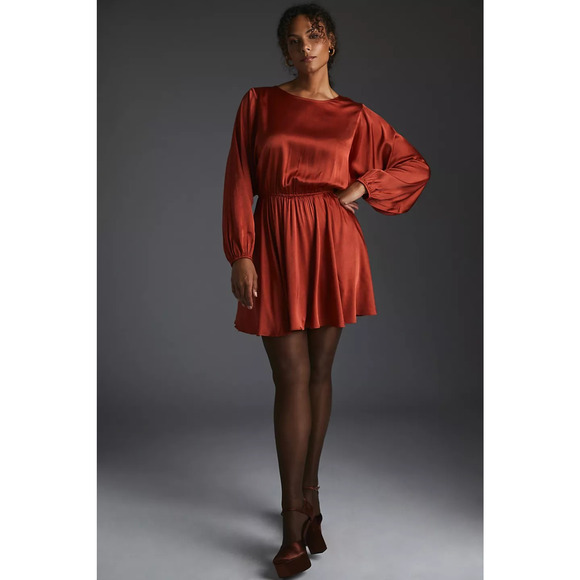 New Anthropologie Caballero Long-Sleeve Mini Dress $180 SMALL Red Motif - Picture 1 of 7